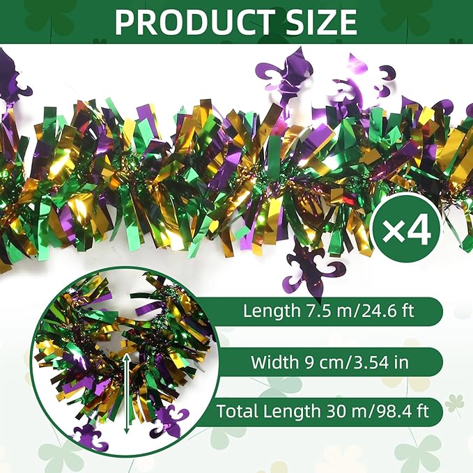 100 Feet Mardi Gras Tinsel Garland Gold Green Purple Christmas Tree Tinsel Garland Metallic Twisted Hanging for Mardi Gras Oktoberfest Birthday Party Decoration, A