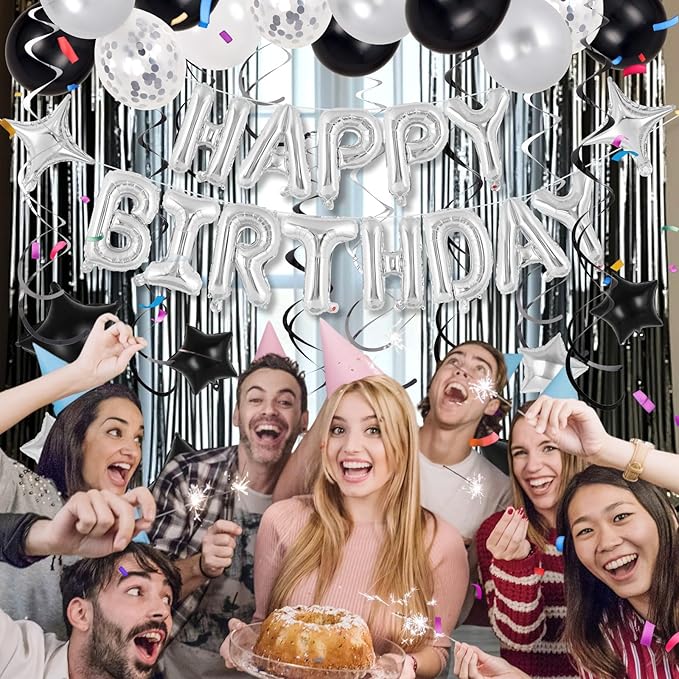 55 Pcs Happy Birthday Balloons Letters Banner with 35 Pcs Star Foil Balloon, 20 Pcs Latex Balloons, 6 Hanging Swirls for Women Men Boys Girls Birthday Party Decorations Set ﻿ (Silver)