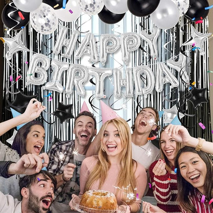 55 Pcs Happy Birthday Balloons Letters Banner with 35 Pcs Star Foil Balloon, 20 Pcs Latex Balloons, 6 Hanging Swirls for Women Men Boys Girls Birthday Party Decorations Set ﻿ (Silver)