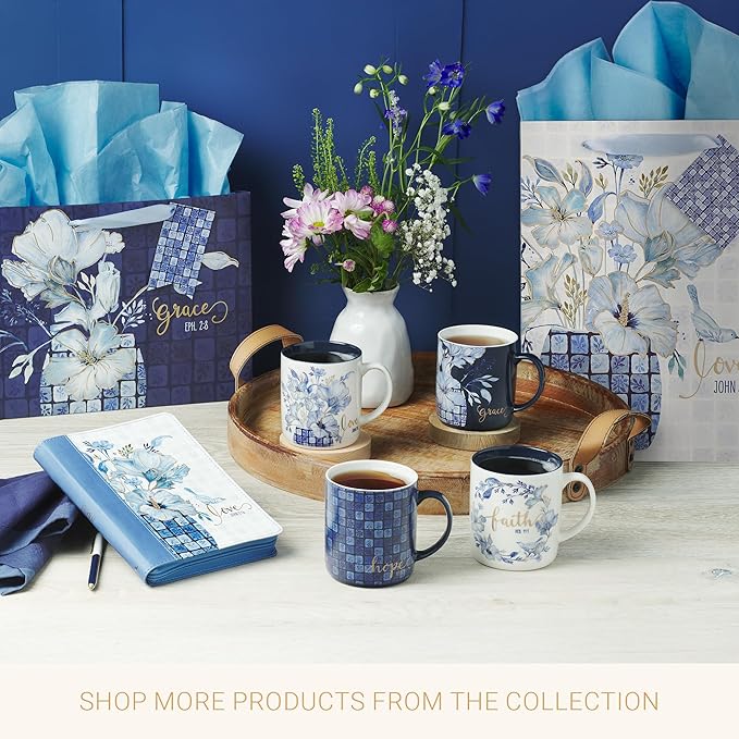 Christian Art Gifts Large Portrait Inspirational Scripture Gift Bag, Tag & Wrapping Tissue Paper Set for Women: Love John 3:16 Encouraging Bible Verse, Satin Ribbon Handles, White/Blue/Gold Floral