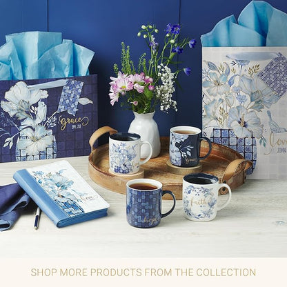 Christian Art Gifts Large Portrait Inspirational Scripture Gift Bag, Tag & Wrapping Tissue Paper Set for Women: Love John 3:16 Encouraging Bible Verse, Satin Ribbon Handles, White/Blue/Gold Floral