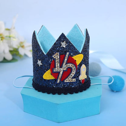 Outer Space 1/2 Birthday Crown - Planet Half Way to One Birthday Decorations,Dark Blue Glitter Space Party Crown,Little Astronaut 6 Month Party Photo Props,Rocket Cake Smash Headwear