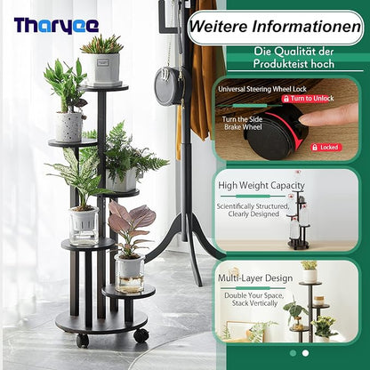 5 Tier Plant Stand Indoor, Wood Plant Shelf Corner Display Rack with Wheels, Multiple Plants Ladder Holder for Living Room Balcony Bedroom Garden Patio (Dark brown, 5 Tier)