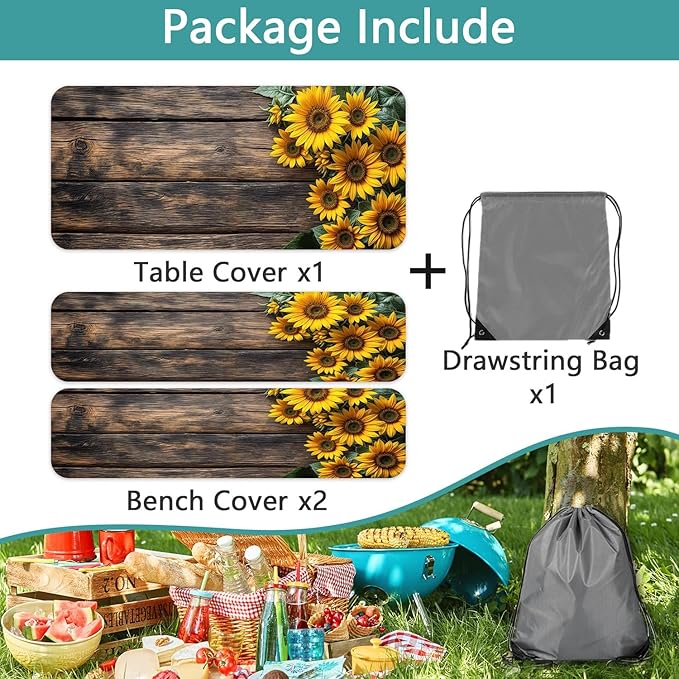 Picnic Table Cover with Bench Covers Wood Sunflower Elastic Outdoor Tablecloth Camping Essentials Waterproof Windproof Camping Tablecloth with Drawstring Bag, Fitted Rectangle Tables Seats 72X30in