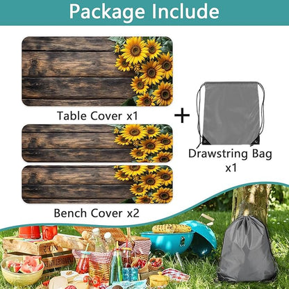 Picnic Table Cover with Bench Covers Wood Sunflower Elastic Outdoor Tablecloth Camping Essentials Waterproof Windproof Camping Tablecloth with Drawstring Bag, Fitted Rectangle Tables Seats 72X30in
