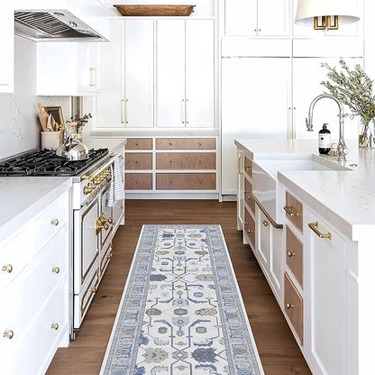 Fame Living Cream Blue Oushak Runner Rug, Modern Runners, Vintage, Turkish, Eclectic, Floral, Pastel, Washable, Runner for Hallway, Kitchen, Bedroom, Bathroom, 2'5"x9'8"