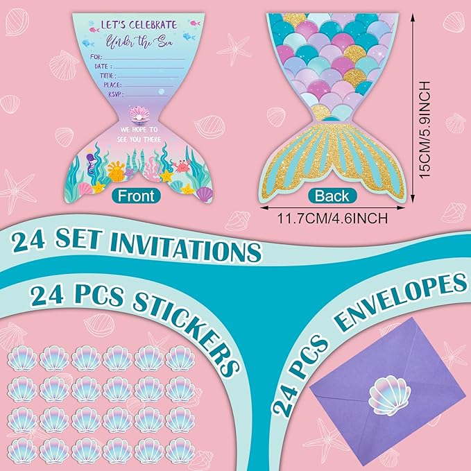 Hotop 24 Sets Mermaid Birthday Invitations with Envelopes and Mermaid Stickers Glitter Mermaid Invitations for Kids Birthday Party Baby Shower Mermaid Themed Party Supplies Pool Party