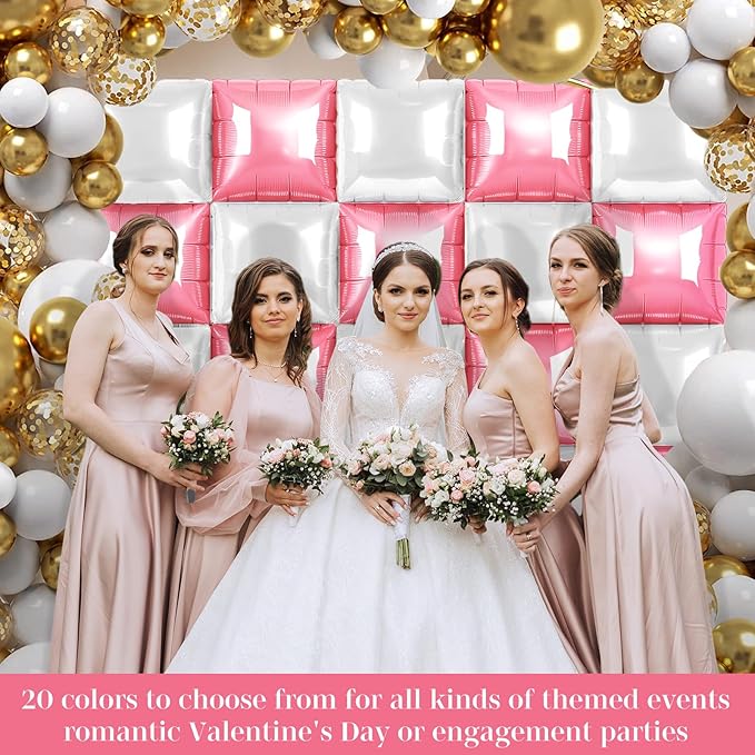 Pink and White Square Foil Balloons 25 Pcs Metallic Pink and White Balloons Wall Backdrop for New Year Graduation Birthday Bridal Shower Party Arch Backdrop Decorations