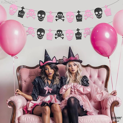 KatchOn Pink Black Felt Skull Garland - 13 Feet, No DIY | Felt Halloween Garland, Skull Party Decorations | Pink Halloween Decor