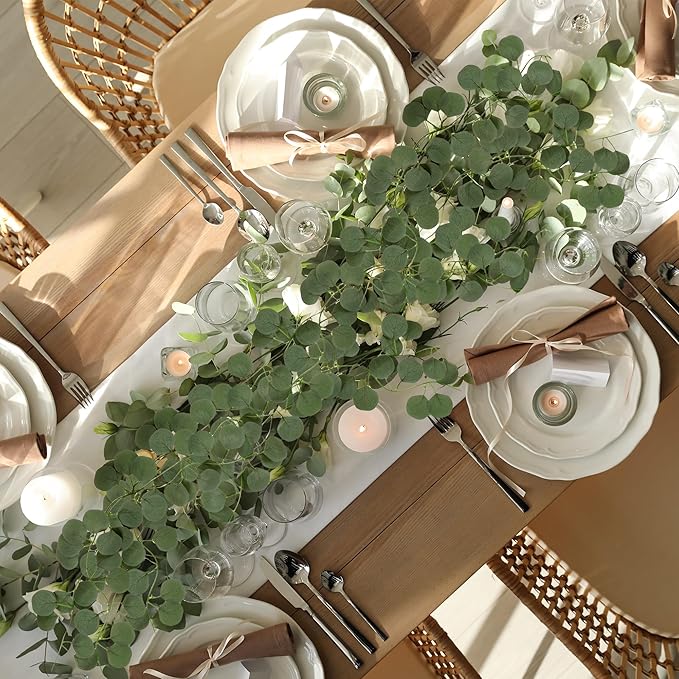 Sggvecsy 8Pcs Artificial Eucalyptus Garland Greenery Leaves Silk Vines Silver Dollar Leaves Faux Leaf Plants for Wedding Wall Table Party Home Fireplace Bedroom Decor