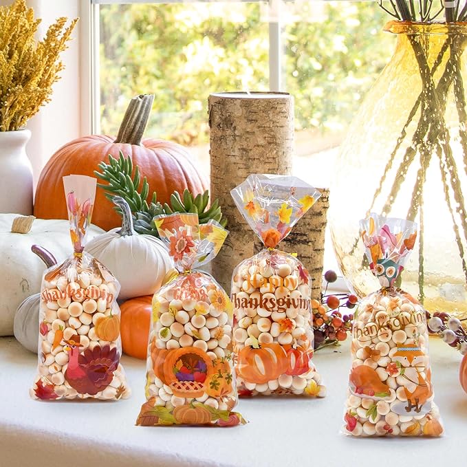 Pedenty 160 Pcs Thanksgiving Cellophane Treat Bags – 4 Fall-Themed Candy Bag Designs with Ties – Autumn Party Favor Goodie Bags for Thanksgiving Party, Classroom Exchange, or Holiday Treats
