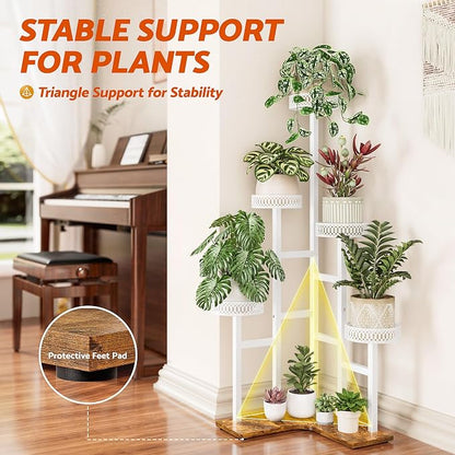 Plant Stand Indoor Outdoor, 6 Tier Tall Metal Wood Shelf Holder Display Rack Flower Pot Stand for Patio Garden Balcony Living Room Bedroom