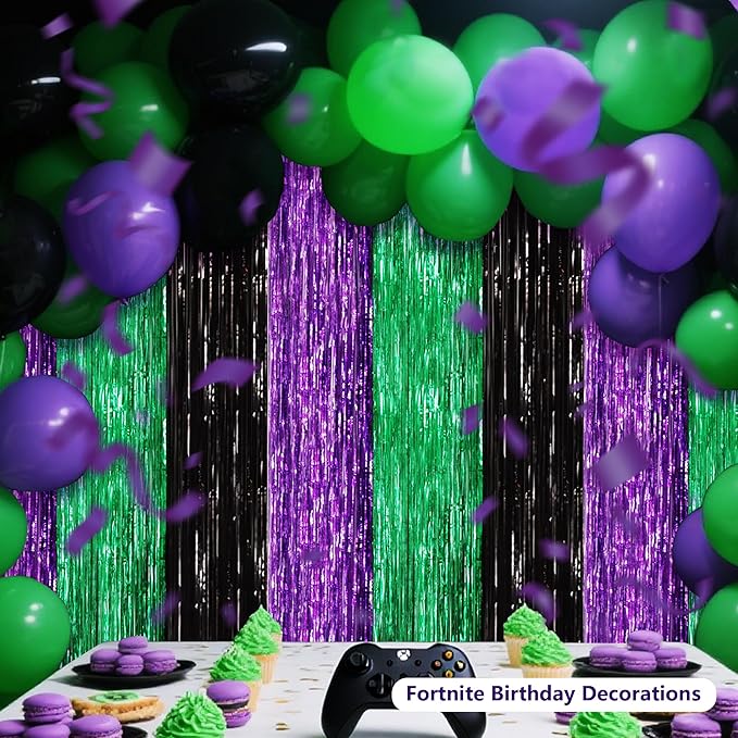 BEISHIDA 3Pcs Purple Green Black Door Streamer Backdrop Foil Fringe Tinsel Curtains Backdrops for Monster Truck Theme Birthday Party, Halloween Party Supplies (3.28 ft x 6.56 ft)