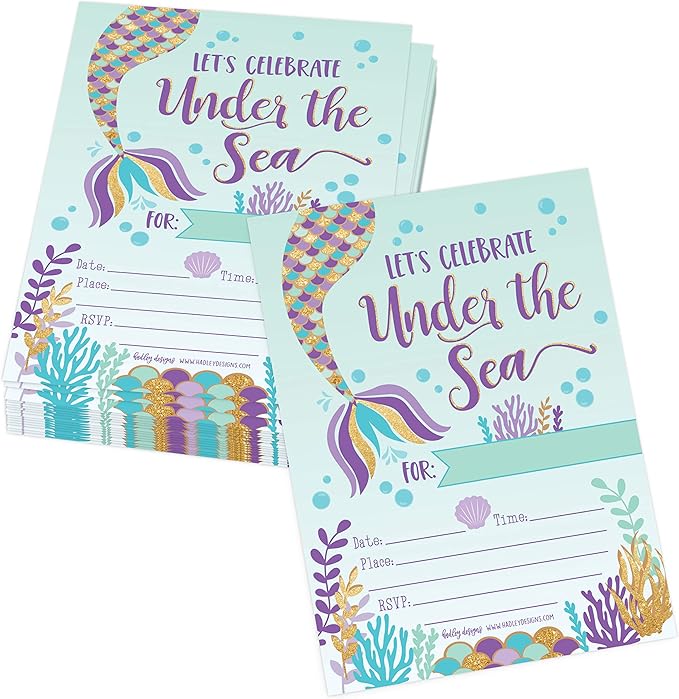 Hadley Designs Kids Birthday Invitations Girl Mermaid Theme - 25 Mermaid Birthday Party Invitations For Girls, Under the Sea Invites For Girls, Cute Party Supplies, Made in USA