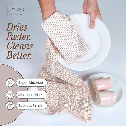 TWINY threads Kitchen Dish Towel Diamond Weave, Large Premium 100% Cotton Kitchen Linen Set, Absorbent Dish Rags for Drying Dishes, Quick Drying Washable Reusable, 4 Pack, 18x26 Inch, Beige