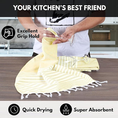 Turkish Kitchen Towels 18x26 Inches with Tassels - 4 Pack - Ultra Absorbent, Durable, Soft 100% Cotton Dish Towels for Drying & Cleaning - Machine Washable, Quick-Dry - Lemon Yellow