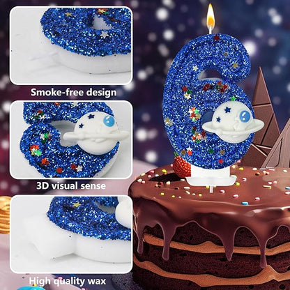 HXOUSE Spaceship Number 6 Birthday Candles - Outer Space Universe Birthday Candles for Cake, 6 Candle Topper for Anniversary Celebrations, Astronaut Rocket Party Decorations for Boys