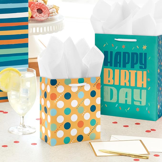 Hallmark Teal and Yellow Birthday Gift Bag Assortment (8 Bags: 3 Small 6", 3 Medium 9", 2 Large 13") Dots, Stripes, Happy Birthday