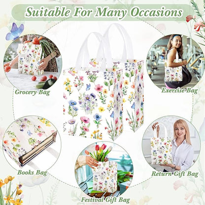Supervitae 24 Pack Brightly Floral Gift Bags Medium Floral Party Favor Bags Reusable Totes Non Woven Goodie Totes for Spring Summer Wedding Birthday Baby Shower Family Travel(9.8" x 7.9" x 3.9")