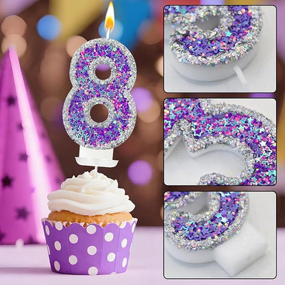 K-pop Number 8 Birthday Candle, Star Glitter Filled Number Candle, Purple Silver Fantasy Cake Topper for Birthday Party Decoration
