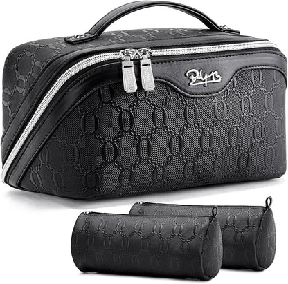BOYATU Travel Makeup Bag for Women: Cosmetic Organizer Bag with Compartments - Leather Make up Bags Set of 3 (G-4-Black)
