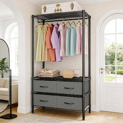 35-Inch Freestanding Garment Rack with Adjustable Shelves and Four Fabric Drawers, Heavy Duty Clothing Organizer for Bedroom, Closet, or Dorm, Black