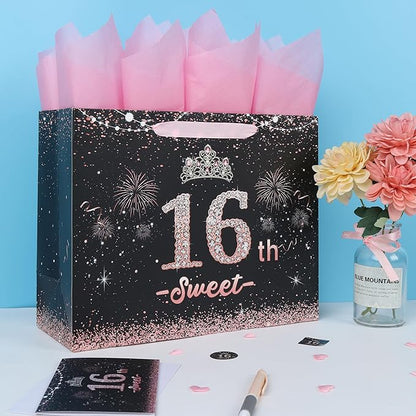 wishinside 13'' Large 16th Birthday Gift Bag Set with Handles, Greeting Card, Pink Tissue Papers and Stickers for 16 Year Old, Her, Girls, Daughter, Best Friend, Tiara Design, 1 Pcs