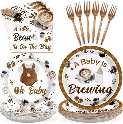 Grencian Coffee Baby Shower Decorations - 96Pcs A Baby Is Brewing Baby Shower Plates and Napkins Gender Reveal Disposable Tableware Set for Boys Girls Coffee Themed Party Decorations Serve 24