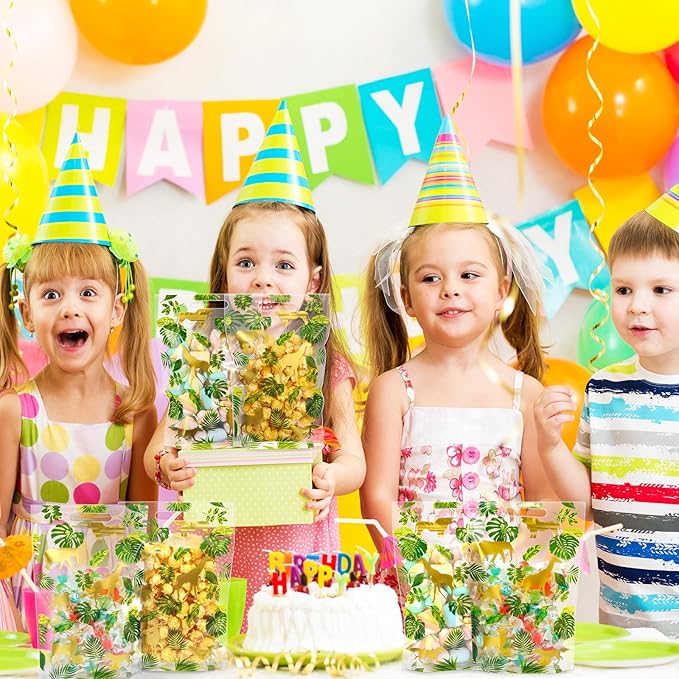 Pasimy 60 Pcs Safari Gift Bags Plastic Jungle Animal Print Favor Bags Safari Animal Palm Leaves Candy Treat Goodie Gold Handbags for Two Wild Jungle Birthday Party Baby Shower Supplies