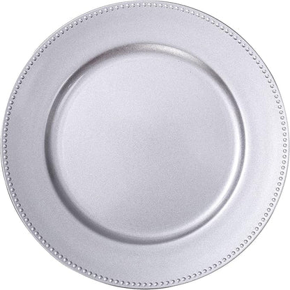 MAONAME Silver Charger Plates Set of 6, Round Dinner Chargers with Beaded, 13 Inch Plastic Plate Chargers for Wedding, Table Decor