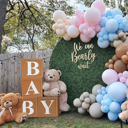 Teddy Bear Baby Shower Boxes Decorations, 4pcs Brown Baby Shower Blocks with Letters, Baby Shower Balloon Paper Boxes for Woodland Baby Shower Decor Boys Girls Gender Reveal Backdrop