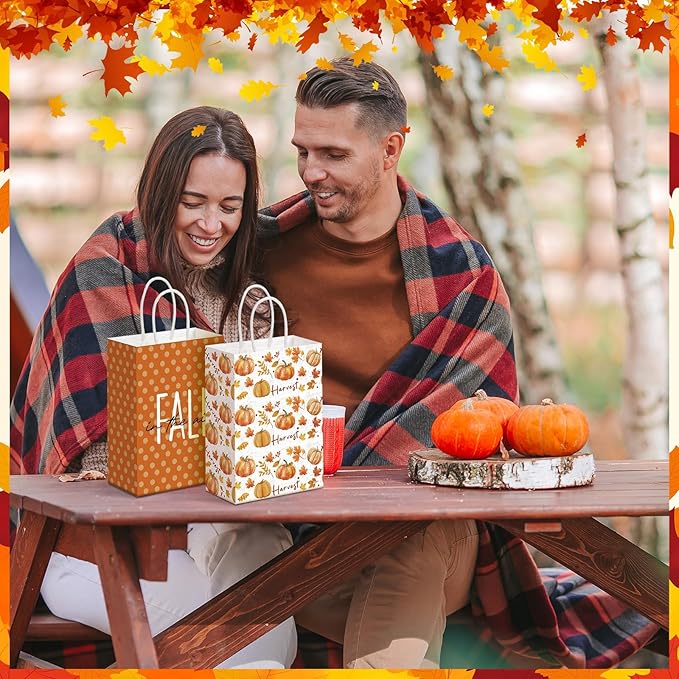 Kolldenn 24 Pcs Thanksgiving Party Favors Bags Fall Gift Goodie Paper Bags with Handles Autumn Maple Leaf Pumpkin Pouch for Thanksgiving Party Decorations Supplies
