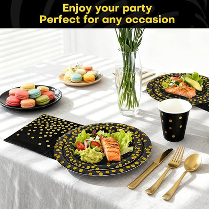 Disposable Plates for Party 50 Sets, Holiday Paper Plates and Napkins w/Cutlery & Cups, Heavy Duty Golden Dot Black Paper Plates and Napkins Cups for Baby Shower Birthday Wedding