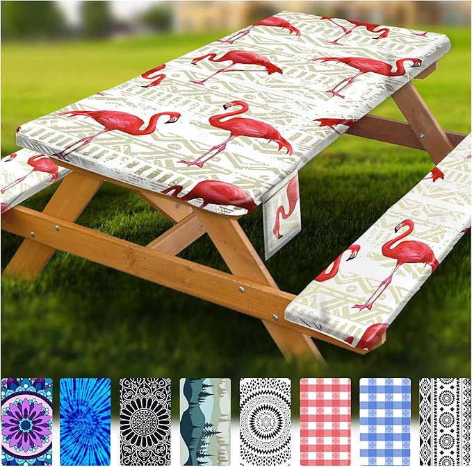 Fitted Picnic Table Cover with Bench Covers Vinyl Waterproof Elastic Edges Fitted Rectangle Tables Patio Tablecloth Camping Gear and Essentials Rv Accessories Road Trip Supplies Car Travel Must Haves