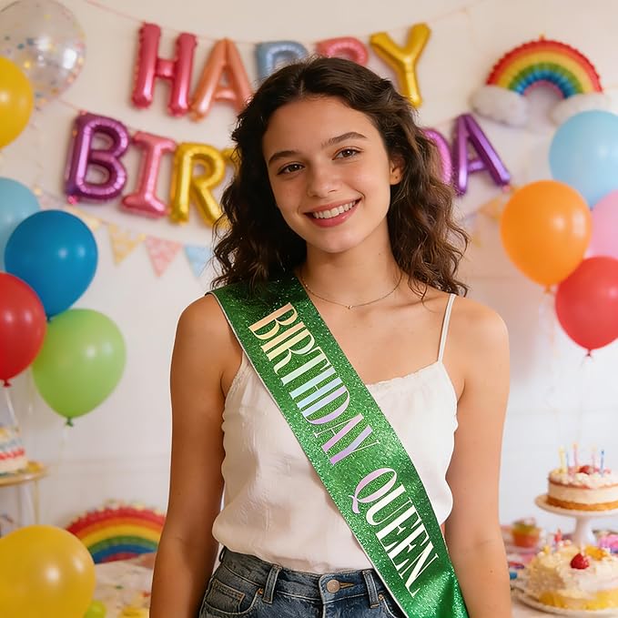 Birthday Queen Sash, Dazzle Foil Letter Glitter Green Birthday Sash for Women Girl 21st 30th 40th 50th 60th Funny Bday Gifts Party Favors Photo Prop