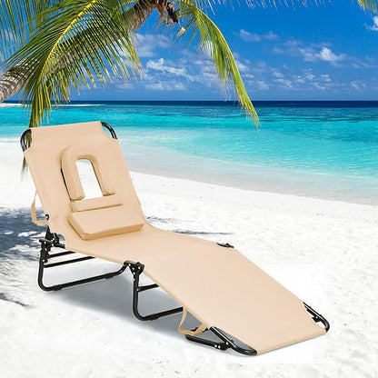 Folding Beach Lounge Chair w/ 5 Adjutable Backrest & Padded Pillow, Sunbathing