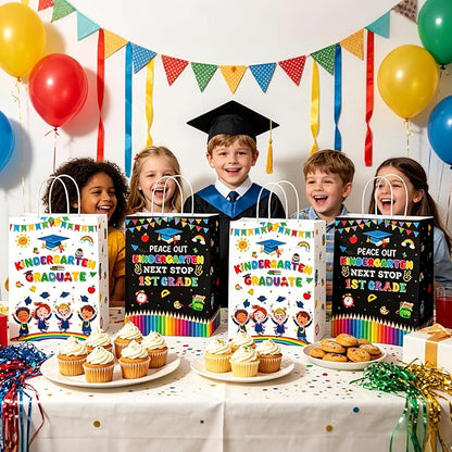 MOIZYNG 16PCS Kindergarten Graduation Gift Bags with Handles, Peace Out Kindergarten Next Stop 1st Grade Paper Treat Candy Goodie Bags for Boys Girls Kids Graduation Party Favors Supplies