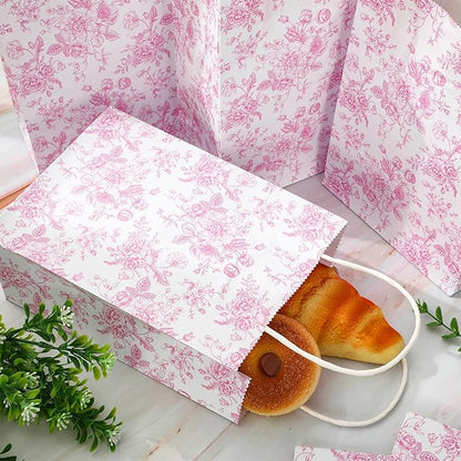 JarThenaAMCS 24Pcs Pink Floral Paper Bag Vintage Flower Candy Treat Bags with Handles Chinoiserie Grocery Shopping Bag for Birthday Wedding Party Favors Supplies
