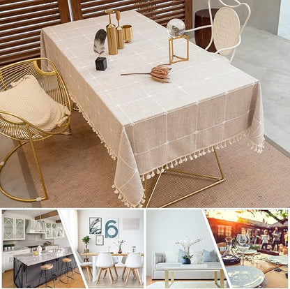 Deep Dream Tablecloths, Embroidered Waterproof Table Cloth Cotton Linen Wrinkle Free Anti-Fading Table Cover Decoration for Kitchen Dinning Party Christmas, 55 x 86 Inch - Light Brown