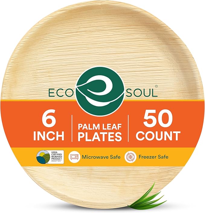 ECO SOUL 6 Inch Disposable Palm Leaf Plates [50 Pack] Premium Food-Safe Heavy Duty Compostable Bamboo Paper Plates for Dessert, Dinner, Apetizers, Weddings, Party, Camping & Catering Events [Round]