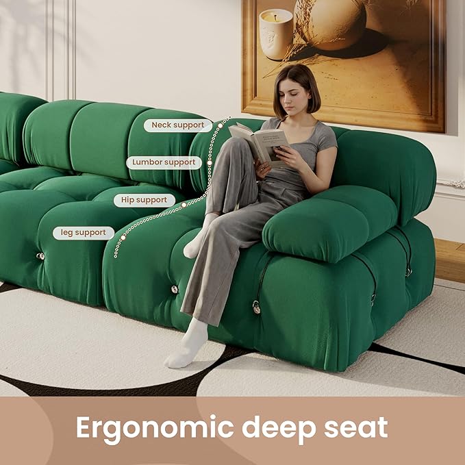 104'' Modular Green Sectional Couch, L-Shaped Velvet Bubble Couch with Reversible Chaise Ottoman, Modern Sectional Couches for Living Room, Apartment (3 Seats, 1 Ottoman, Green)