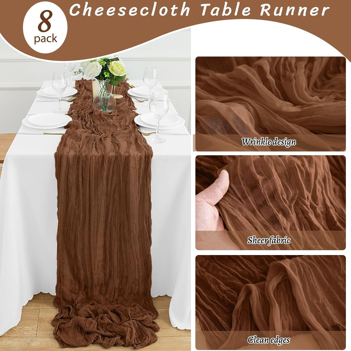 8Pack Brown Table Runner 10FT Cheesecloth Table Runner 35x120Inch Long Boho Cheese Cloth Table Runners Rustic Gauze Table Runners for Party Wedding Bridal Shower Baby Shower Decorations