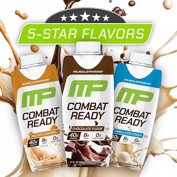 MusclePharm Combat Ready High Protein Shakes Ready to Drink, 40g Protein, 8g BCAAs, 8.7g Glutamine, 5g Fiber, No Added Sugar, Gluten Free, Salted Caramel, 17 Fl Oz (Pack of 12)