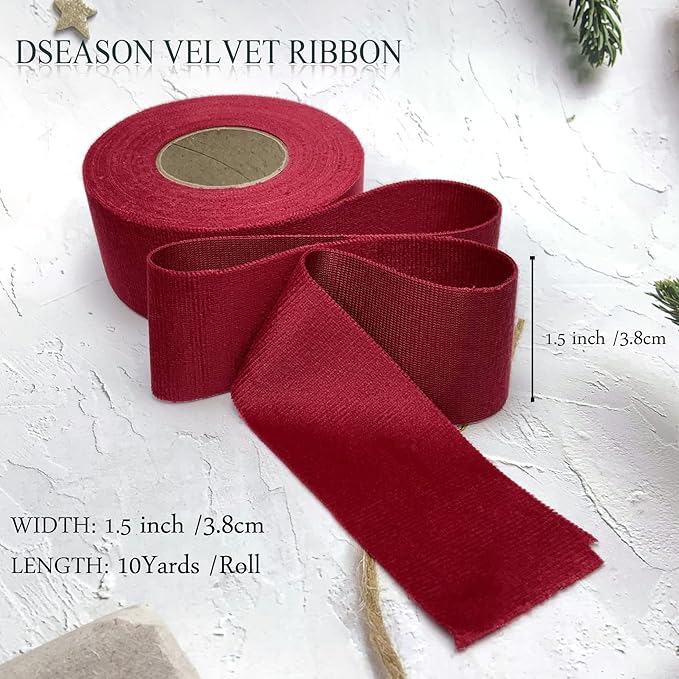 Velvet Ribbon Set 1.5" x 10 Yards, 1 Rolls, Dseason Handmade Christmas Red Velvet Ribbon Set for Gift Wrapping & Bow Making, Christmas Tree, Wreath Decoration, DIY Crafts Decoration