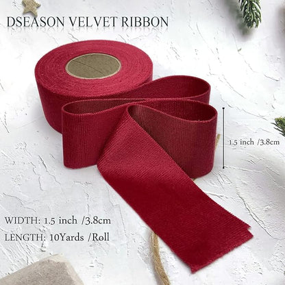 Velvet Ribbon Set 1.5" x 10 Yards, 1 Rolls, Dseason Handmade Christmas Red Velvet Ribbon Set for Gift Wrapping & Bow Making, Christmas Tree, Wreath Decoration, DIY Crafts Decoration