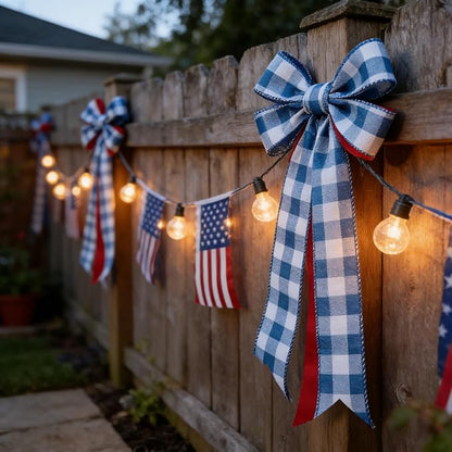 Meseey 4 Inch x 10 Yards Blue White Buffalo Check Wired Ribbon, Farmhouse Wired Edge Ribbon for Large Wreaths, Big Bows, Gift Wrapping, Patriotic & Everyday Home Decor