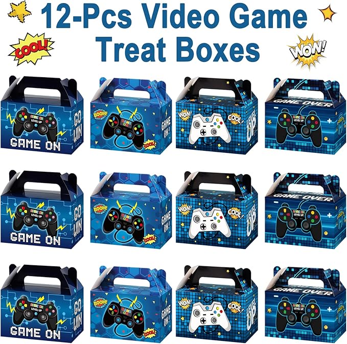 24 Pieces Video Game Party Boxes Gamer Party Favor Candy Goodies Treat Boxes Bags for Kids Boys Video Game On Gaming Birthday Party Decorations Supplies 6 x 3 x 3.5 Inches（Blue）