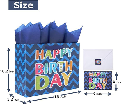 Qirrmiy 13" Large Blue Gift Bag Set with Greeting Card and White Tissue Papers (Laser Foil 'Happy Birthday') for Men's Birthday Party, Boys' or Kids' Parties, Baby Boy - 13”x5.2”x10.2”, 1 Pcs.