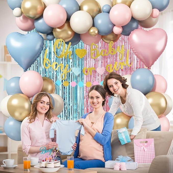 Boy or Girl Gender Reveal Decorations, Dusty Pink Blue Sand White Gold Latex Foil Balloon Oh Baby Banner Boy or Girl Cake Topper Fringe Curtain for Boho Baby Shower Gender Reveal Party Decoration