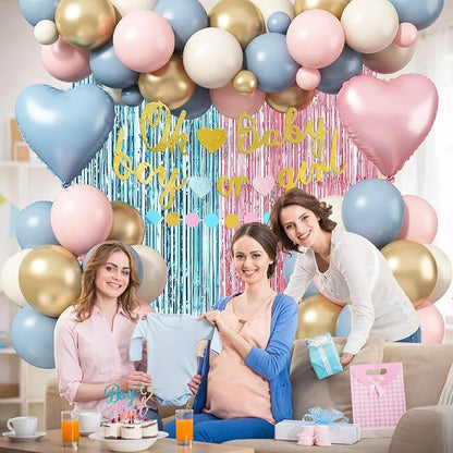 Boy or Girl Gender Reveal Decorations, Dusty Pink Blue Sand White Gold Latex Foil Balloon Oh Baby Banner Boy or Girl Cake Topper Fringe Curtain for Boho Baby Shower Gender Reveal Party Decoration